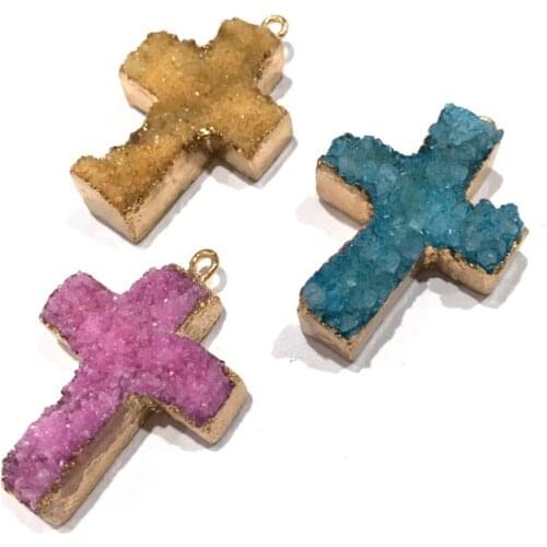 Natural Stone crystal Cross shape Pendants Crystals Cluster Exquisite charms for Jewelry Making DIY Necklace Accessories 23x35mm