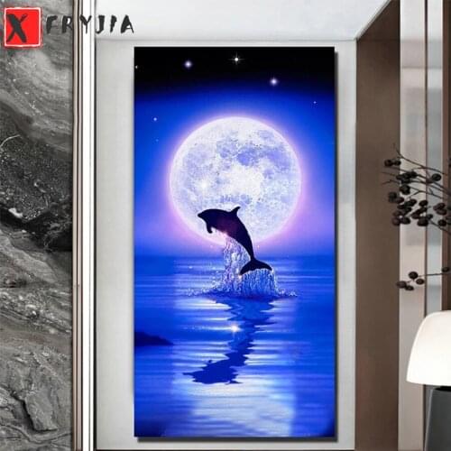 Full Square Diamond Painting large size Dolphin moon Mosaic Needlework Picture Of Rhinestones Diamond Embroidery Sale Home Decor