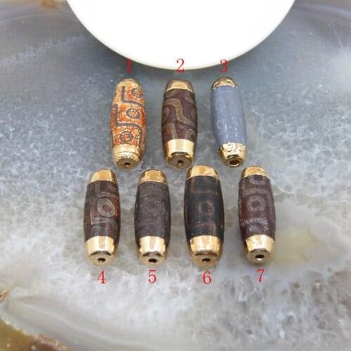 Vintage 14x40mm 1Pcs Natural Tibetan Dzi Beads Golden Cap Connector Pendant Necklace Amulet Agates Accessories DIY Jewelry Gifts