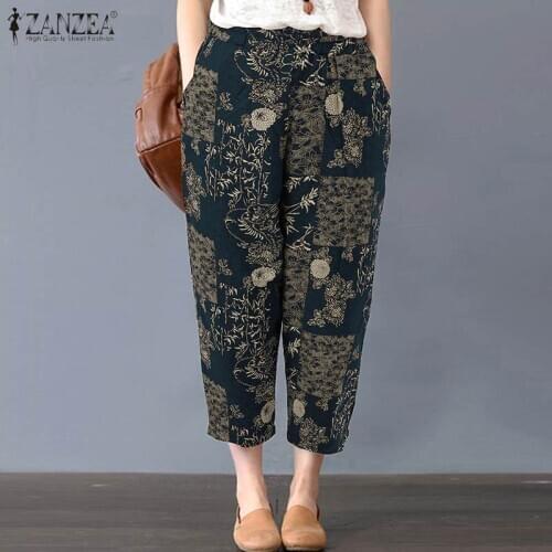ZANZEA Women Elastic Waist Harem Pants 2021 Summer Vintage Trousers Retro Floral Printed Pantalon Turnip Cotton Linen Pants