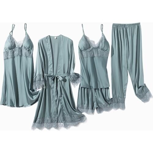 Summer Satin Sleepwear Women Bathrobe Nightgown 5PCS Sets Lady Casual Comfortable Daily Pajamas Lounge Elegant Beautiful