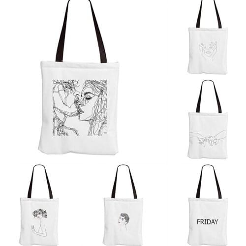 Minimal Line Women and Flower Canvas Tote Bag Fashion Durable Handbag White Black Printed Shopping Bags Customized Logo