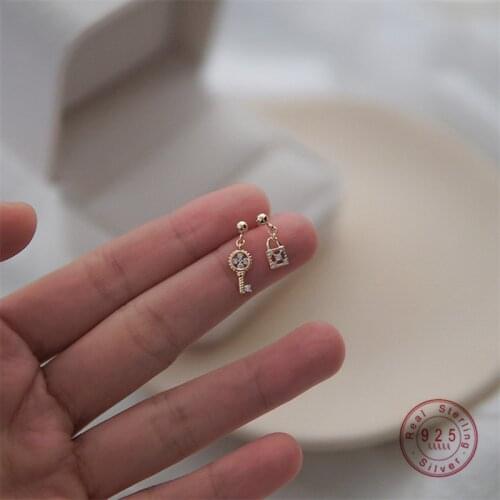 HI MAN S925 Sterling Silver Asymmetric Crystal Lock Key Stud Earrings Women Elegant Girlfriends Friendship Jewelry