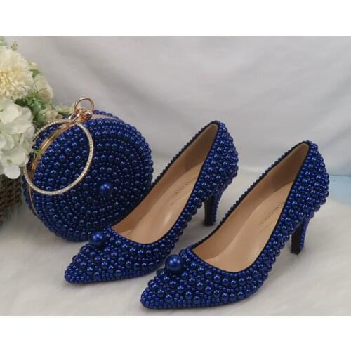 BaoYaFang Royal Blue Pearl women wedding shoes Bride High heels shoes ladies super big size party dress shoes woman Pointed Toe