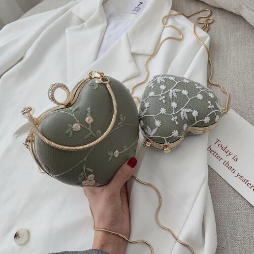 Embroidery Flowers Design Women Heart Clutch Evening Bags Gold Chain Shoulder Bags Girls Handbags Purses For Ladies Party Bags