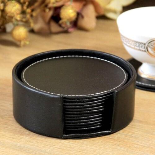6PCS Round Leather Black Barware Mat Placemat Coasters for Coffee Beer Wine Glass Tea