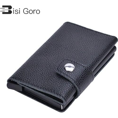 BISI GORO RFID Genuine Leather Wallet 2021 Card Case Money Bag Mini Thin Pocket Women Card Wallet Metal Mini Smart Card Holder