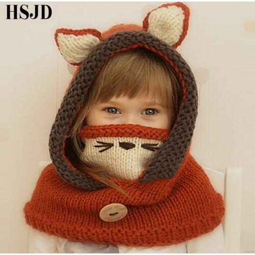 Cute Cartoon Animal Handmade Kids Winter Hats Cat Ear Fox Cloak Beanie Hat Children Windproof Hat and Scarf Boy Girl Knitted Cap