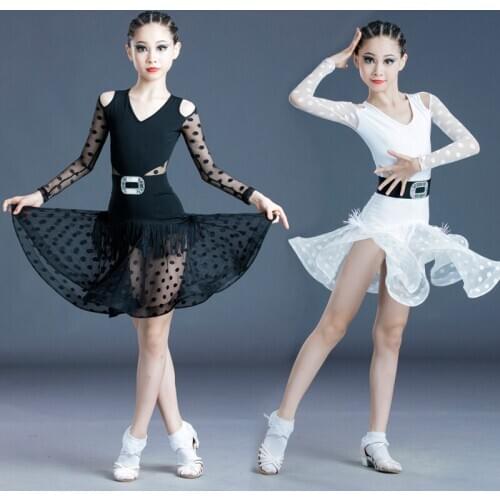 Children Latin Dance Dress Ballroom Tassel Tutu Lace Wave Point Long Sleeve Black White Stage Clothing Salsa Samba Dance Dress