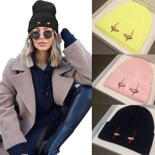 DT009 Unisex Winter Soft Outdoor Beanie Solid Color Knitted Hat Pennywise scary eyes Hood Hat Casual Outside Halloween Hats
