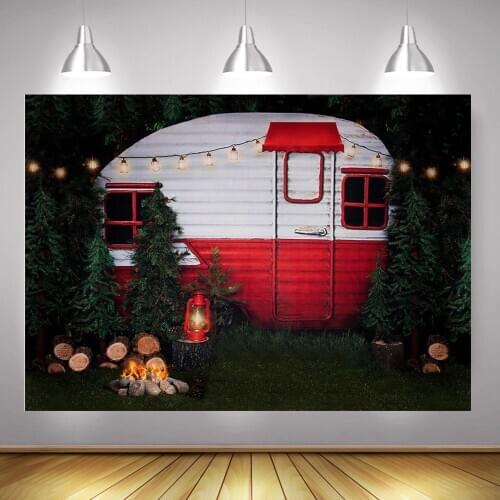 Wild Christmas Picnic Party Backdrop Fire Jungle Barbecue Wooden Photocall Red and Green White X-mas Trees Background Night