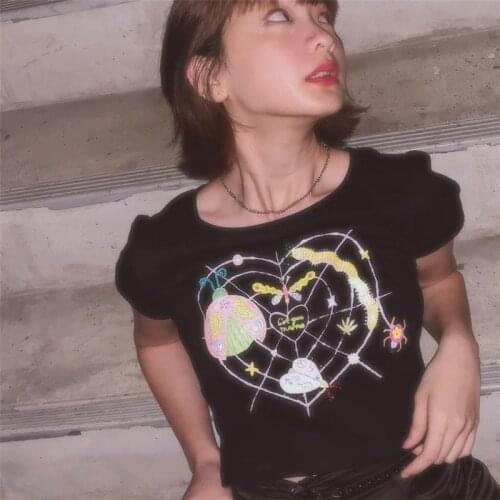 Cute cartoon print T-shirt Gothic streetwear summer fashion y2k vintage Slim crop top ulzzang Harajuku Kawaii womens T-shirt