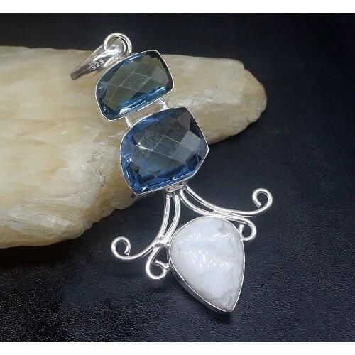 Gemstonefactory Jewelry Big Promotion 925 Silver Adorable White Jasper Blue Topaz Women Ladies Gifts Necklace Pendant 1226