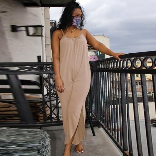 Women Solid Spaghetti Strap Wide Leg Romper Summer Sleeveless Double Side High Split Jumpsuit Beach Style Loose Hohemian Outfit