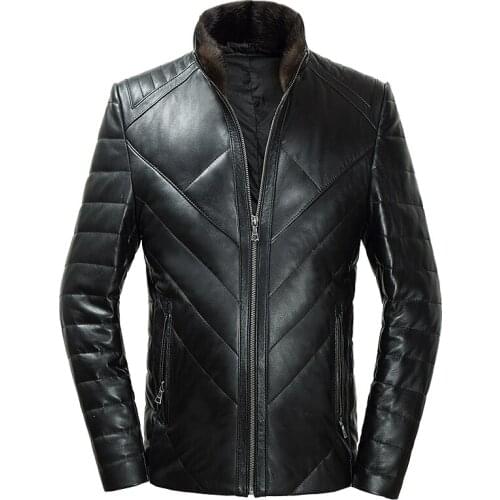 Genuine Leather Jackets Mens Sheepskin Leather Coats Plus Size Men Real Mink Fur Collar Duck Down Jacket 18-1710 YY131