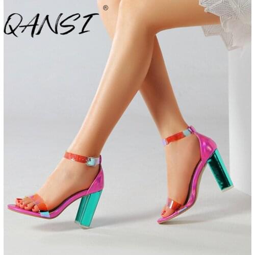 Summer Color Block High Heel Women Sandals Fashion Wedding Party Women Shoes Outdoor Peep Toe Square Heel Sandals for Women 2021