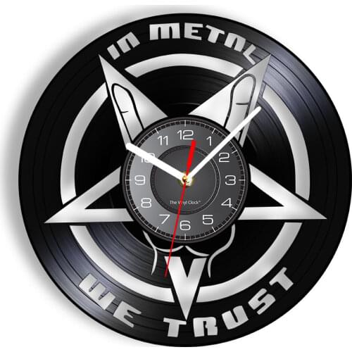 In Metal We Trust Music Quote Rock Hand Wall Clock Rock and Roll Heavy Metal Music Vinyl Record Wall Clock Gift For Music Lovers