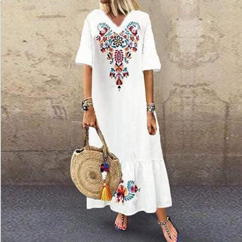 Fashion womens autumn 2021 new V-neck short-sleeved retro printed dress loose casual long skirt banquet womens retro printed V