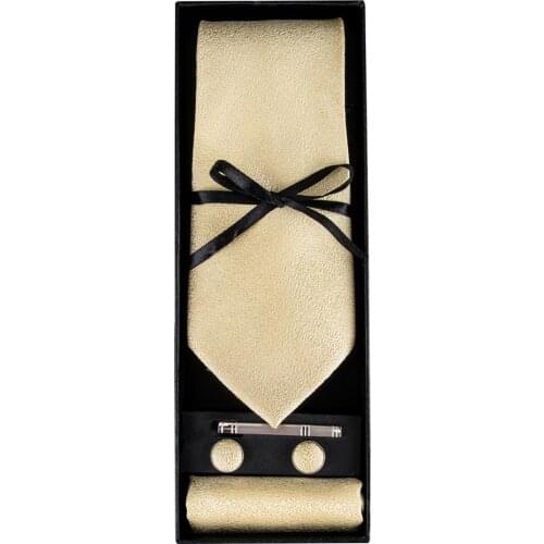 GB-1116 Barry.Wang Mens Tie Golden Solid Jacquard Woven Silk Necktie Hanky Cufflink Set For Business Wedding Party With Gift Box