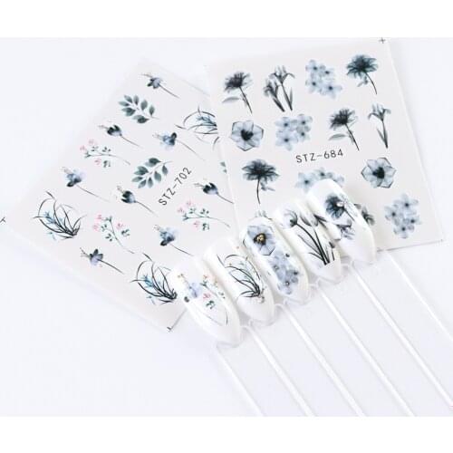 Grey Florals Nails Art Manicure Water Stickers Design Nail Decals For Nails Tips Decoration