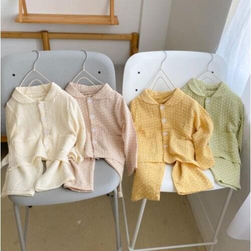 2021 new cotton girls boys 2 pcs set autumn cotton dots shirt+long pants cool soft kids pajama suit