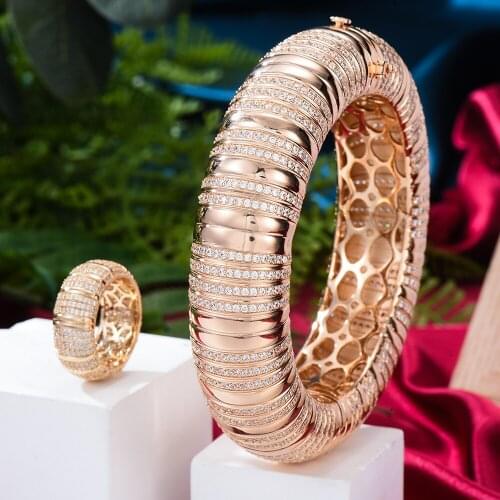 New Design Luxury Dubai Big Wide Round Noble Bridal Bangle Ring Sets for Women Bridal Wedding Full AAA CZ Bracelet Ring Sets