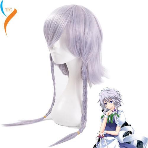 Anime TouHou Project OW Reaper Genderbend Izayoi Sakuya Silver grey Braided Cosplay Wig + Wig Cap