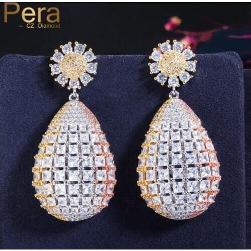 Pera New Bohemian 3 Tone Gold Full Shiny CZ Pave Bridal Wedding Big Flower Waterdrop Drop Earrings for Women Beach Jewelry E537