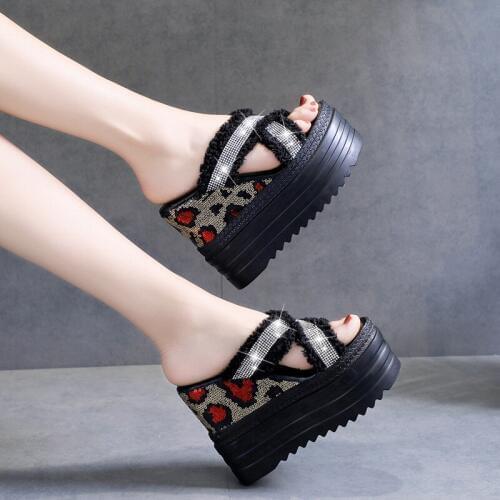 Summer New Fish Mouth Slides Outer Wear Fashion Sequins Leisure Thick Bottom Cross Blingbling Wedges Super High (8cm-up) Sexy
