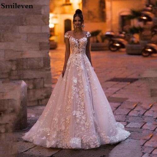 Smileven Princess Wedding Dress Cap A Line Lace 3D Flowers Bride Dresses Appliqued Wedding Gowns Backless Vestido De noiva