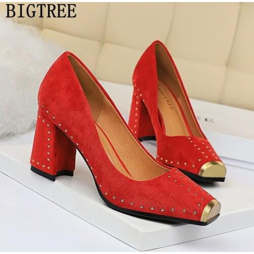 Luxury Brand Women Shoes High Heel 2021 Pumps Women Shoes Rivet Black High Heels Square Toe Heels Wedding Shoes Bride Bigtree