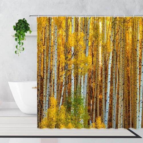 White Birch Shower Curtain Forest Green Plants Landscape Home Decor Background Waterproof Bath Curtains Bathtub Screen With Hook