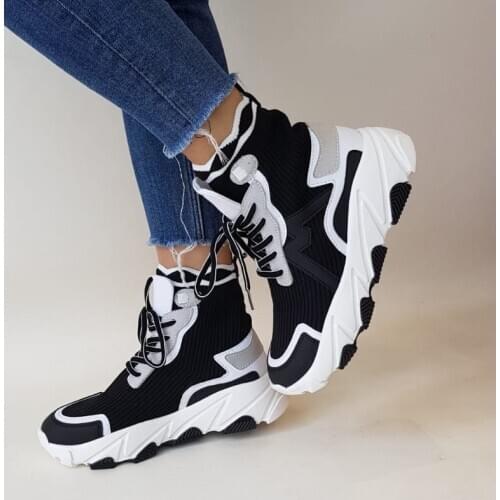 High Top Women Shoes Black Beige Light Breathable Socks Style Sports Running Training Elastic Flat Walking Ankle Casual