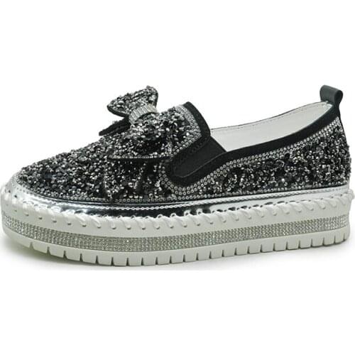 Womens Casual Shoes Rhinestone BowKnot Decor Solid Color Fashion Soft Thick Sole Comfortable All Match Casual Shoes