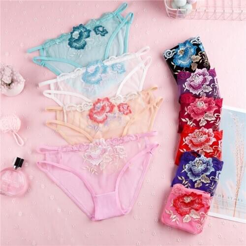 Women Sexy Hot T Pants G-String Lace Embroidered Mesh Yarn Lady Thong Transparent Panties Perspective Girl Temptation Underwear
