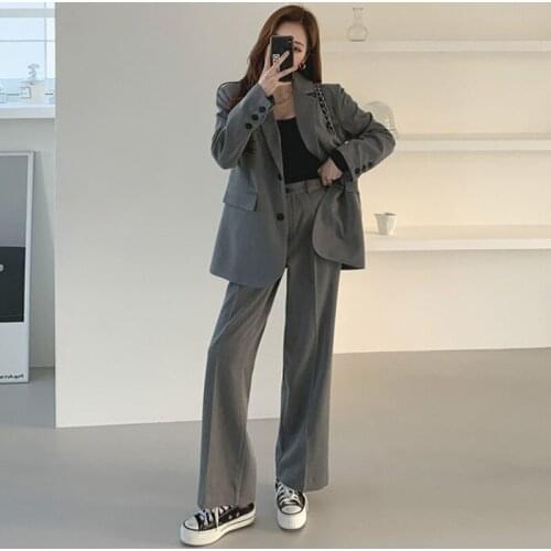 Elegant Ladies Blazer Set Single-breasted Suit Jacket & High Waist Loose Pants Casual Women Pant Suits 2021 Autumn Sets