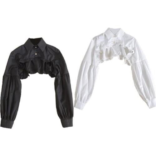 Women Puff Long Sleeve Half Top Ruffled Golden Button Detachable False Fake Collar Sweater Decorative Accessories