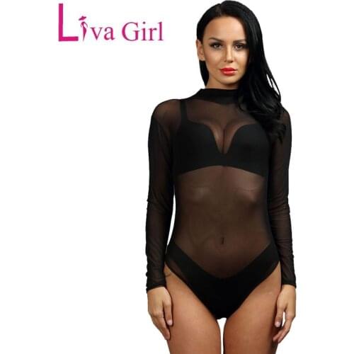 LIVA GIRL Black Mesh Sheer Bodysuit 2020 Women Sexy Rompers Jumpsuit Long Sleeve Body Tops Jumpsuit Ladies Combinaison Femme XXL