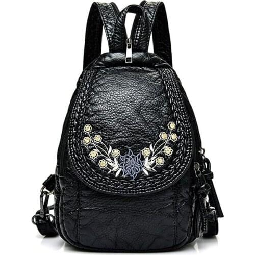 Embroidery Flowers Women Backpack Small Soft Pu Leather Backpacks for Girls Teenagers Female Shoulder Bag Chest Pack Black