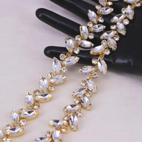1 Yard Rhinestone Gold Trimming Decoration High Quality Bridal Rhinestone Trim Leave Clear glass Crystal Chain