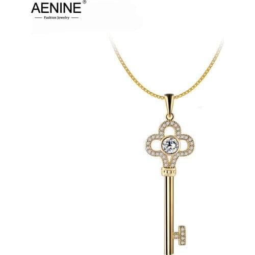 AENINE Luxury Key Pendant Necklace Mosaic Crystal Charm AAA Cubic Zirconia Necklace For Women Chocker Jewelry Collier N170070780