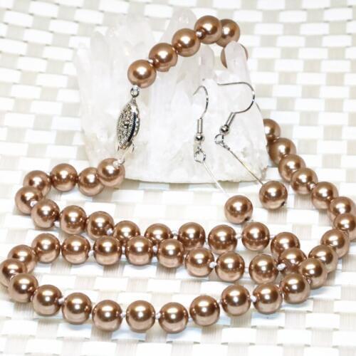 Bohemia style champagne round simulated-pearl 8mm shell beads necklace earrings for women trendy jewelry set 18inch B2360
