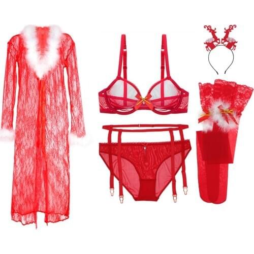 New Year birth year lingerie Merry Christmas gift lady sexy red bra velvet stockings+bra+garter+panties+robe+Elk headwear 6pcs
