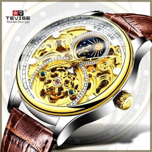 TEVISE Golden Mechanical Watches Brown/Black Leather Band Moon Phase Luxury Diamond Design Top Brand Clocks Male Montre Homme