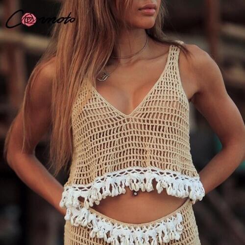 Conmoto Crochet Bikini Women top Cover up Hollow out Swimsuit 2019 Summer Beach Mesh Swimwear Bodysuit Conch Decoration Swimwear