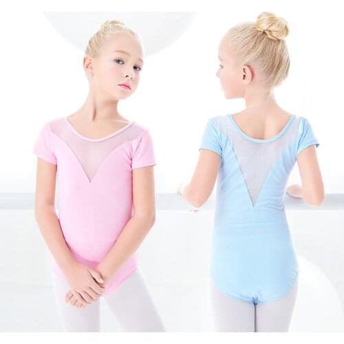 Girls Ballet Leotard Mesh Splice Gymnastics Leotard Toddler Children Short Sleeve Chiffon Tutu Dress Ballet Bodysuit Dance Wear