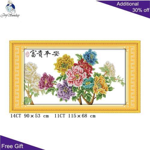 Joy Sunday Peony Home Decor H305(2) 14CT 11CT Stamped and Counted Safety And Wealth Peony Flowers Embroidery Cross Stitch Kits