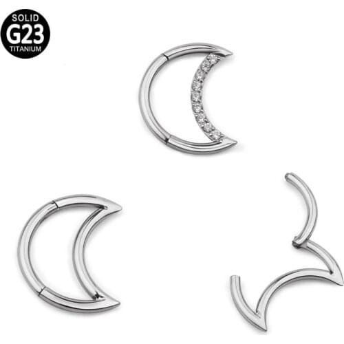 F136 Titanium Nose Ring CZ Moon Shaped Hinged Segment Hoop 8-10mm CZ Ear Cartiliage Tragus Helix Nose Stud Piercing Body Jewelry