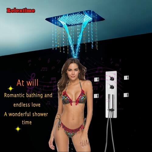 Crystal Pendant Bluetooth Music LED Shower Head torneira banheiro Bathroom Shower Set Thermostatic Concealed Panel Massage Jets