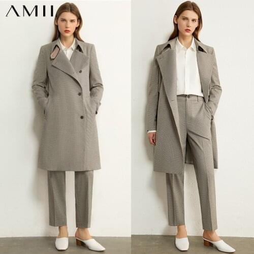 Amii Minimalism Autumn Woman Suit Fashion Vintage Plaid Long Blazer Women Causal High Waist Suit Pants Suit Female 12040384